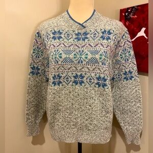 Vintage LL Bean Nordic Fair Isle Sweater Wool Blend Gray Green, size Med